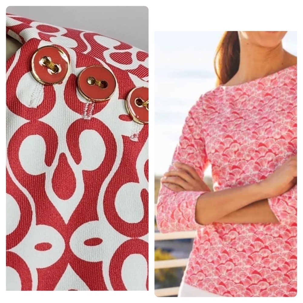 J. McLaughlin Pink & White Patterned Boatneck Top